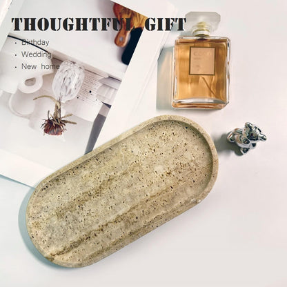 JINGJU Turkish Travertine Oval Tray 10x5 Inches, Natural Stone Decorative Tray for Jewelry, Candle, Bathroom Counter, Coffee Table