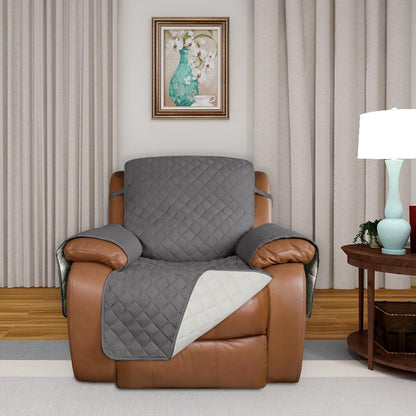 PureFit Reversible Quilted Sofa Cover, Water Resistant Slipcover Furniture Protector, Washable Couch Cover with Non Slip and Elastic Straps for Kids, Dogs, Pets (Oversized Recliner, Gray/Ivory)