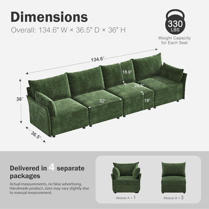 134.6" Modular Sectional Sofa, Oversized 4 Seater Green Couch with Removable Chenille Fabric Cover, Deep Seat & High Backrest for Living Room, Office & Apartment