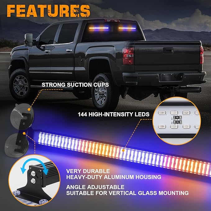 XRIDONSEN 2 in 1 Amber Blue Traffic Advisor Light Bar 144 LED Emergency Warning Safety Interior Windshield Dash Strobe Lights for Firefighter Police Construction Vehicles Trucks (2x17.7 inch)