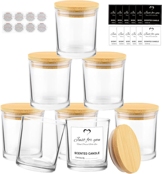 CONNOO 8 Pack 14 OZ Clear Glass Candle Jars with Bamboo Lids for Making Candles, Large Size Empty Candle Tins with Sticky Labels - Leakproof & Dishwasher Safe.