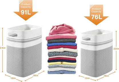 OIAHOMY 91L Laundry Hamper, XXXLarge Laundry Basket, Collapsible Cotton Rope Basket,Woven Storage Basket for Blankets,Clothes,Pillows-16x15x24-Grey