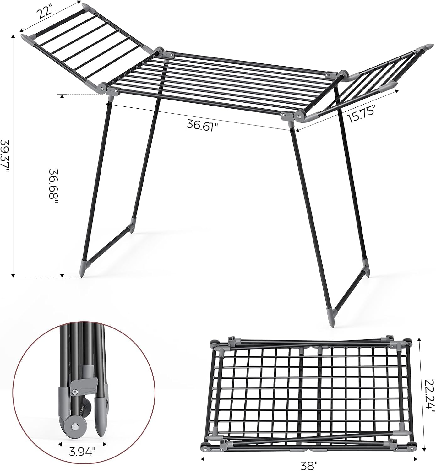 APEXCHASER Clothes Drying Rack Foldable, Large Drying Rack Clothing, Winged Laundry Rack Folding Indoor Outdoor, Metal Clothes Airer for Bedding Towel Sweater Heavy Duty, 68.9" X 23.6" X 41.3", Black