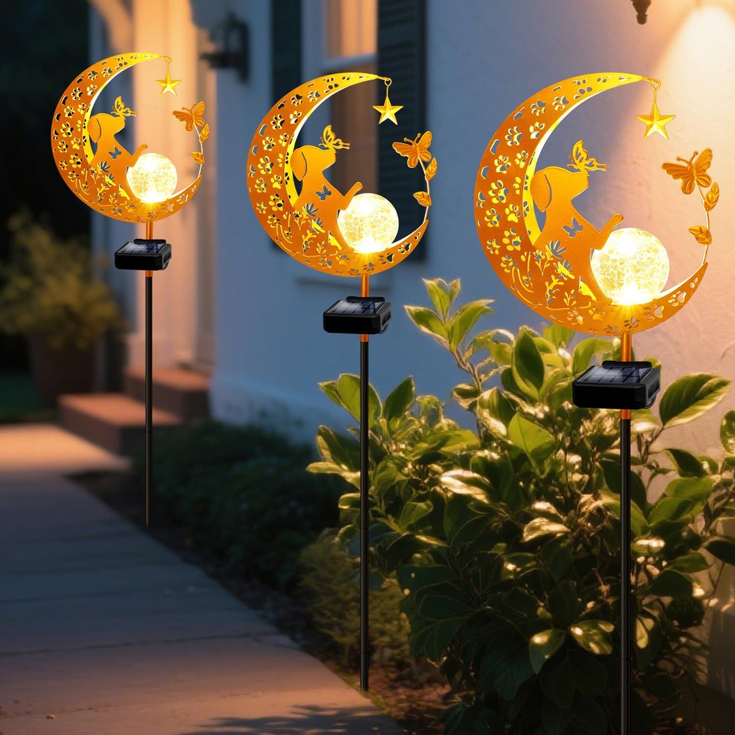 YJFWAL Garden Solar Dog Lights Pathway Stake Lights Glass Globe with Moon Dog Decor, Gifts for Mom Grandma Friends, Outdoor Decor Light Waterproof for Walkway, Yard, Patio or Garden (Warm White)