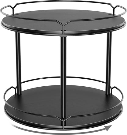 Lazy Susan Organizer 2 Tier - 12.4" Turntable Spice Rack for Table Top, Wooden Rotating Lazy Susan for Cabinet Pantry Kitchen Countertop Dining Table Cupboard Bathroom Vanity Storage(Black)