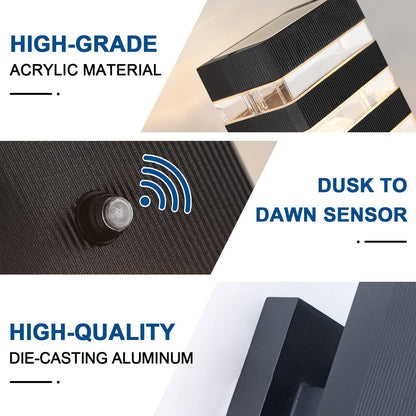 Dusk to Dawn Sensor Outdoor Wall Lights Up Down Porch Lights Modern Exterior Light Fixtures Photocell Waterproof Black Aluminum Housing for Front Porch, Patio, Garage (Use Two E26 Bulbs)