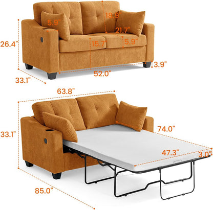 Pull Out Sofa Bed, Full Size Sleeper Sofa, 2-in-1 Convertible Corduroy Couch with USB Charging, Memory Form Couch for Living Room, Apartment and Small Space (Mustard Yellow, Corduroy - Full Size)