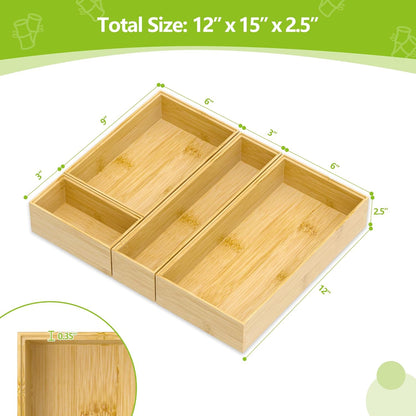 Silverware Bamboo Drawer Organizer Tray, 4 PCS Kitchen Drawer Organizer Storage for Utensil Cutlery, Bathroom, Office Desk, Makeup