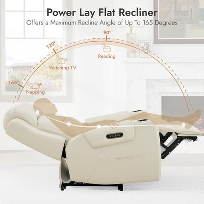 Watson & Whitely Genuine Leather Power Recliner Chairs for Adults, Lay Flat Recliner with Power Headrest, USB Ports and Cup Holders, Electric Reclining Sofa for Living Room, Bedroom, Cream