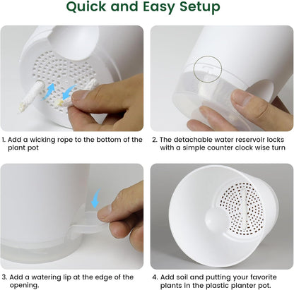 4 inch Self Watering Pots for Indoor Plants, 5 Pack Small Flower Plant Pots with Drainage Holes and Clear Reservoirs, Visible Water Level, Plastic Planters with Wicking Rope, White