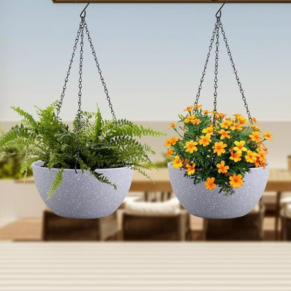 12 inch Large Hanging Planters for Indoor Outdoor Plants, 2 Pack Hanging Flower Pots with Drainage Holes and Chain for Garden Porch, Plastic Hanging Baskets for House Plants, Speckled Grey
