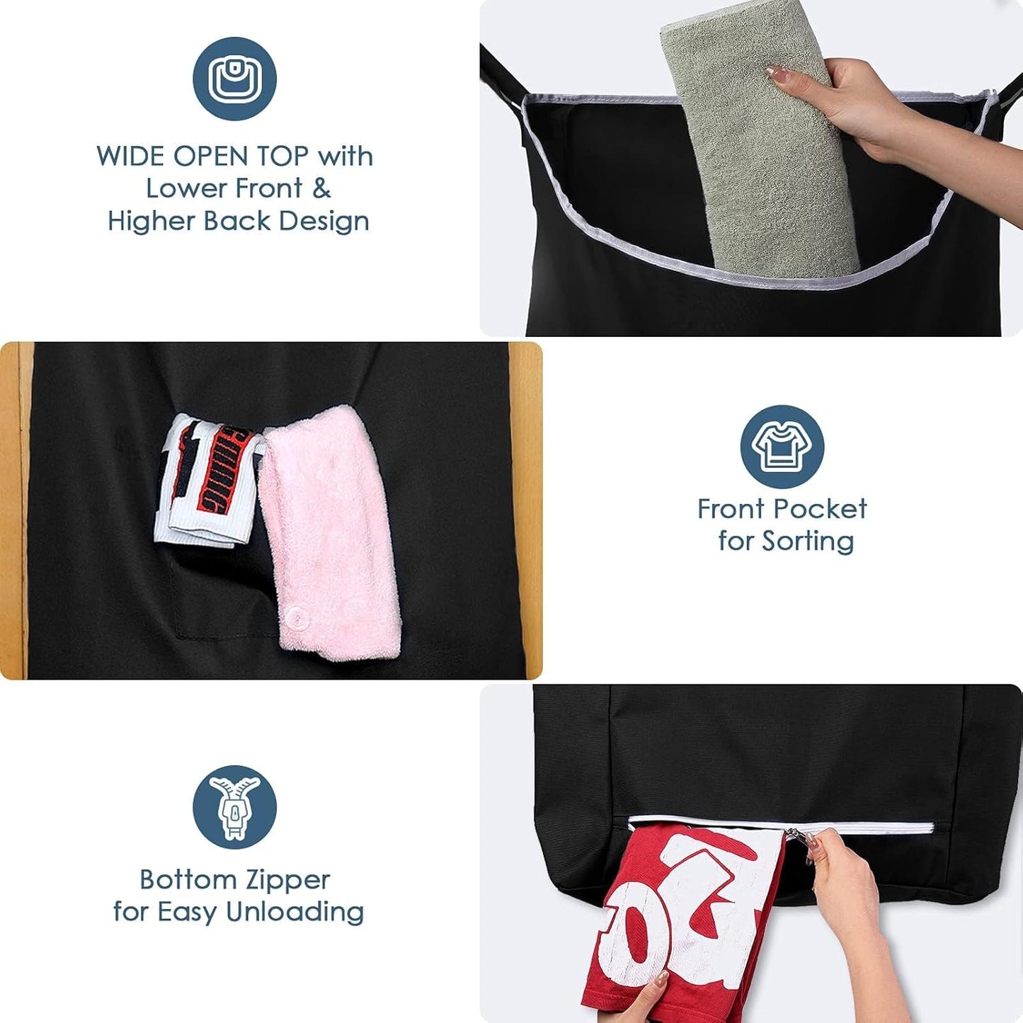 The Fine Living Co. X-Large Hanging Laundry Hamper with Over Door Hooks & Adhesive,Durable Space Saving Laundry Bag with Zipper and Wide Open Top,Hanging Dorm Laundry Hamper 20"x3.75"x31" (Black-XL)