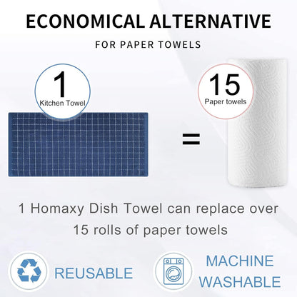 Homaxy 100% Cotton Terry Kitchen Towels(Navy Blue, 13 x 28 inches), Checkered Designed, Soft and Super Absorbent Dish Towels, 12 Pack