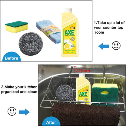 Kitchen Sponge Holder, Dish Brush Holder, Slim Sink Organization/Draining Basket/Liquid Drainer/Water Trough Rack, Kitchen Essential Tools, 304-Stainless Steel (Silver)