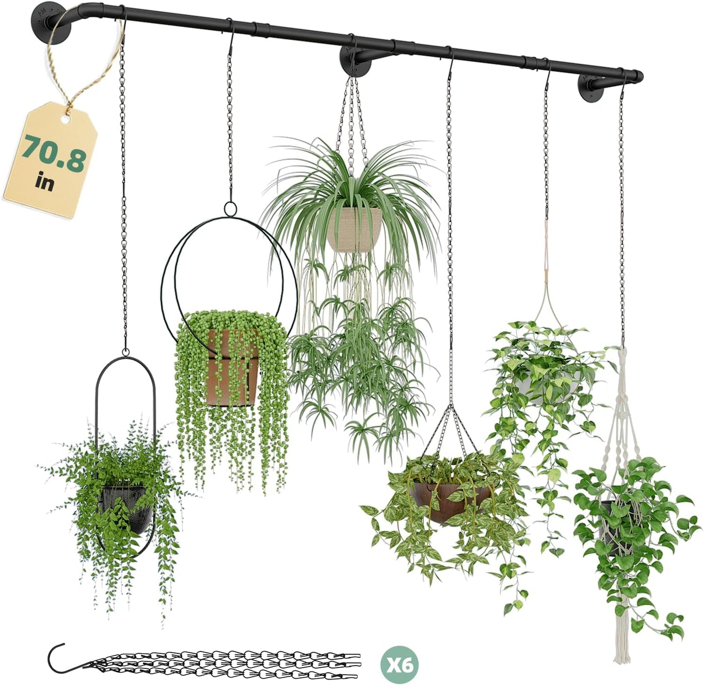 Plant Hanger Indoor with 6 Hanging Chains Hanging Planters for Indoor Plants Hanging Plant Holder Window Plant Rod Black Metal Shelves(70.8 Inch Pot not Included