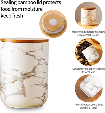 Ceramic Canister Set with Bamboo Airtight Lids, 3-Piece Kitchen Storage Jars (48oz, 30oz, 12oz) – White with Gold Marble Pattern, Glossy Finish, for Coffee, Sugar, Flour & More