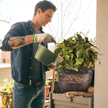 Plastic-Plant-Flower-Planters-14 Inch with Drainage Hole & Saucer, 3 Packs Lightweight Large Resin Flower Pot Indoor Outdoor, Retro Antique Imitation Decorative Garden Containers Sets for Houseplants