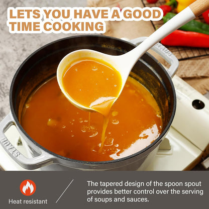 QMVESS Silicone Cooking Utensils Set, Kitchen Utensils Set 7 Pcs with Long Wooden Handle, Food Grade and Heat Resistant Large Silicone Spatula Set for Nonstick Cookware, BPA Free（White）