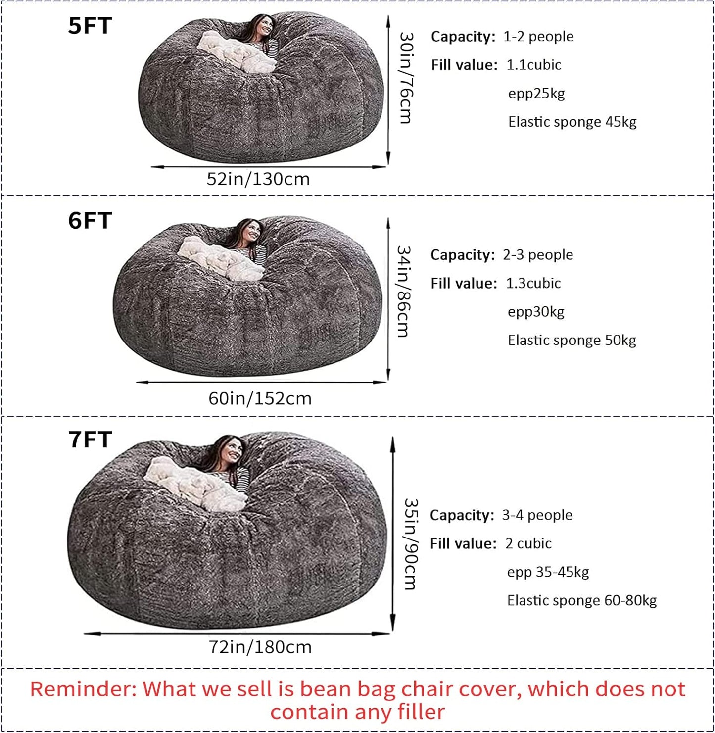 Big Huge Giant Bean Bag Chair for Adults, (No Filler) Bean Bag Chairs in Multiple Sizes and Colors Giant Foam-Filled Furniture - Machine Washable Covers, Double Stitched Seams (Snow Gray,5FT)