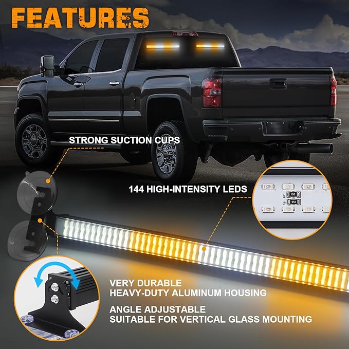 XRIDONSEN 2 in 1 Traffic Advisor Light Bar 2X 17.7 inch 144 LED Amber White Warning Hazard Safety Interior Front Rear Windshield Dash Emergency Strobe Lights for Plow Trucks Construction Vehicles