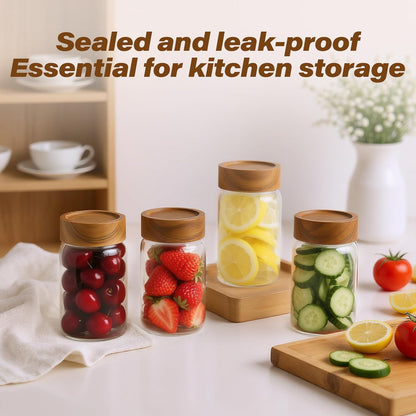 6-Pack 10 oz Airtight Food-Grade Glass Mason Jars with Acacia Wood Lids - Sealable, Waterproof & Stackable Canister Set for Overnight Oats, Dry Goods, Baking Supplies & Pantry Organization