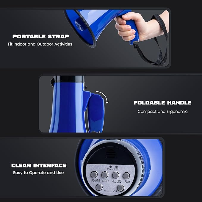 MyMealivos Portable Megaphone Bullhorn 20 Watt Power Megaphone Speaker Voice and Siren/Alarm Modes with Volume Control and Strap (Blue)