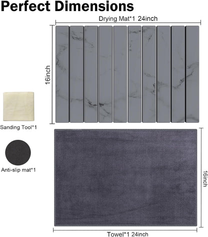 Stone Dish Drying Mat for Kitchen Counter,24"(L)×16"(W) Collapsible Fast-Drying Diatomaceous Earth Mats with Towel Sanding Tool,Versatile Stone Drying Mats for Cups Dishes Bottles