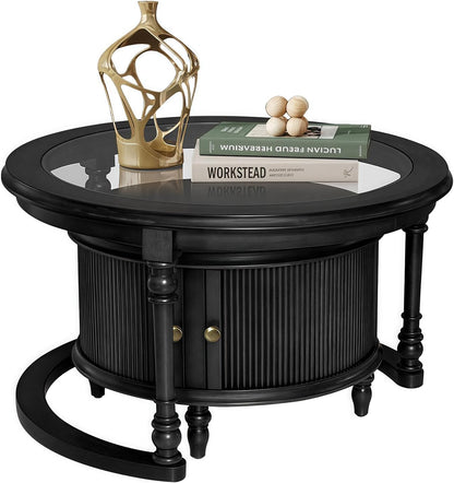 31.5'' Black Nesting Coffee Table Set of 2, Solid Wood Round Nesting Coffee Table Fluted with Storage for Living Room Office