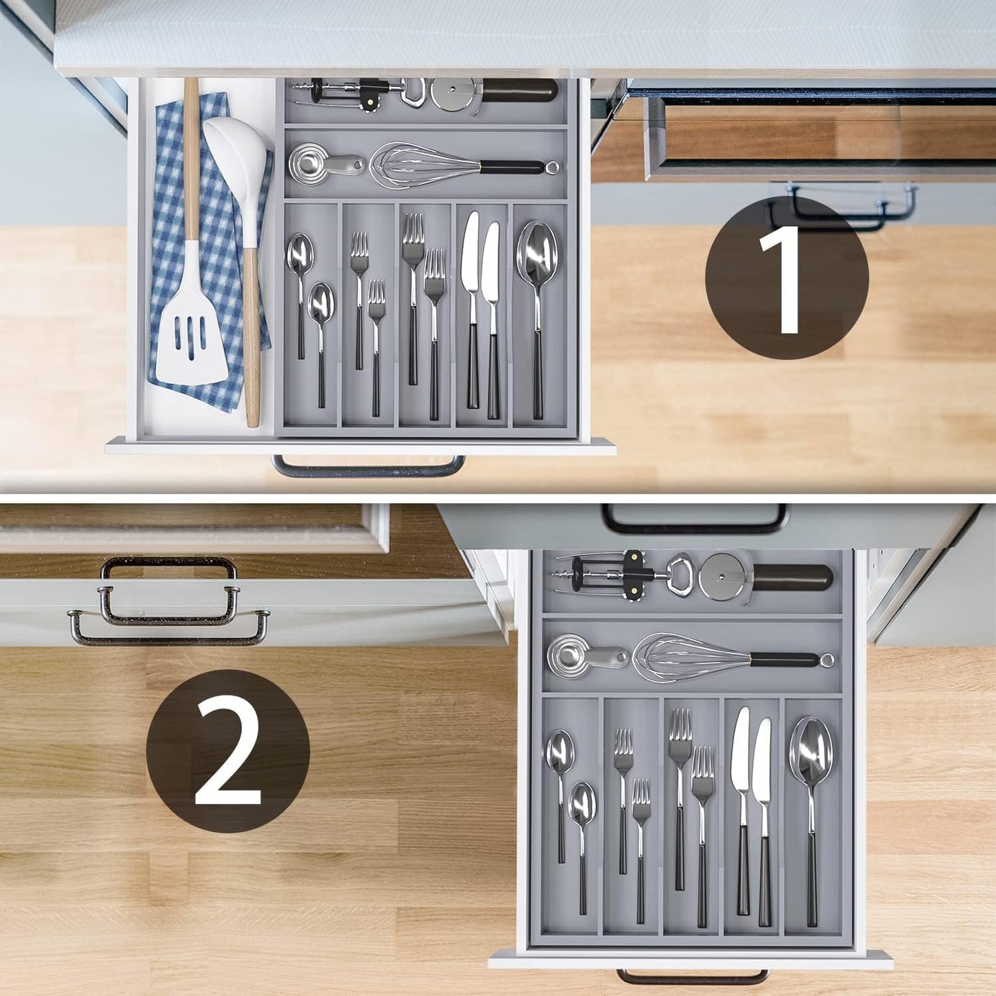 Utensil Organizer Silverware Drawer Organizer - 7 Slots Bamboo Utensil Tray Multifunctional Small Silverware Organizer for Kitchen Utensils, Garage Tools, Makeup Storage W13”x L17” (Grey)