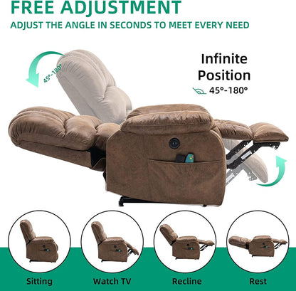VIVIJASON Large Dual OKIN Motor Power Lift Recliner Chair for Elderly Big Man, 180° Lay Flat Electric Recliner with Heat & Massage, Infinite Position, 2 Remote Controls, Side Pockets & USB Port, Brown