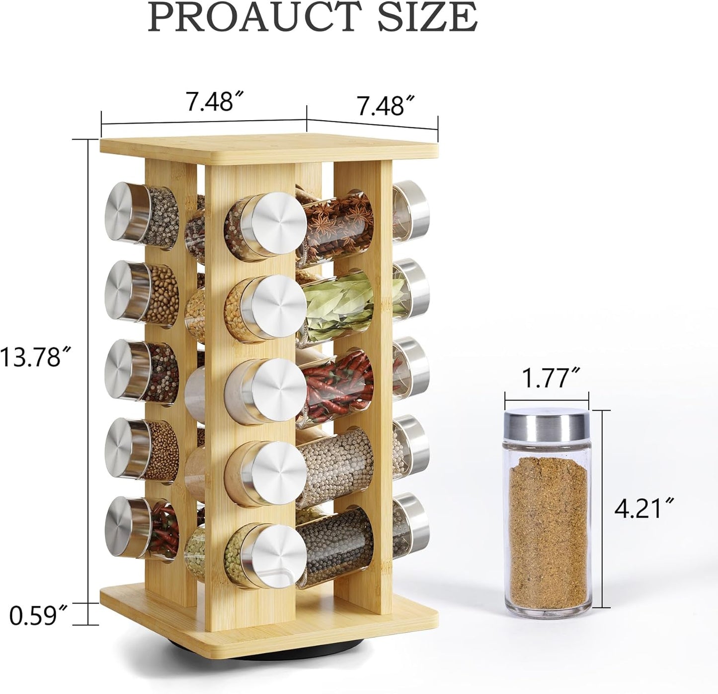 WelFurGeer Bamboo Spice Rack Organizer for Countertop, Revolving Spice Shelf with 20 Glass Jars, Lids & Labels, Desktop Rotating Seasoning Organizer for Kitchens, Space-Saving Design