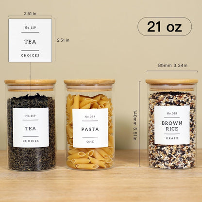 8 Pack Glass Jar with Airtight Bamboo Lid and White 132 Kichen Pantry Labels Preprinted - 21 Oz Clear Round Glass Food Storage Containers set For Tea Coffee Sugar Spice