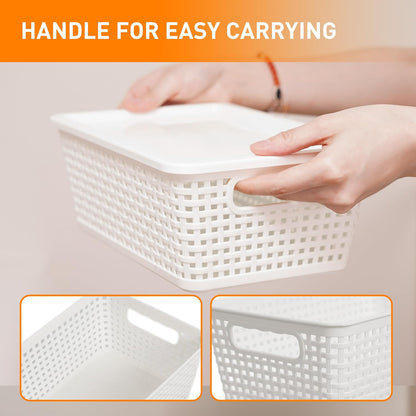 Plastic Storage Baskets With Lid, Storage Bins for Organizing, Stackable Decorative Containers for Shelves Drawers Desktop Closet Playroom Classroom Office, 8 Pack-White