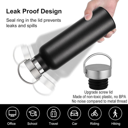 Neihepal 20 oz Insulated Water Bottles Bulk 2 Pack,Stainless Steel Double Wall Sport Bottle with Lid of Handle,Metal Reusable Thermoses Flask with Cup Cap for School,Hikers,Gift (Black,Set of 2)