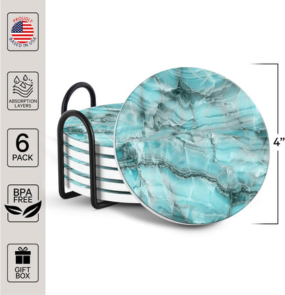 Emerson Coasters for Drinks Absorbent – Natural Stone Drink Coasters Set with Holder, Coasters for Coffee Table, Wooden Tabletop Protection Marble Style – 100% Heavy Duty Set of 6 (Aura)