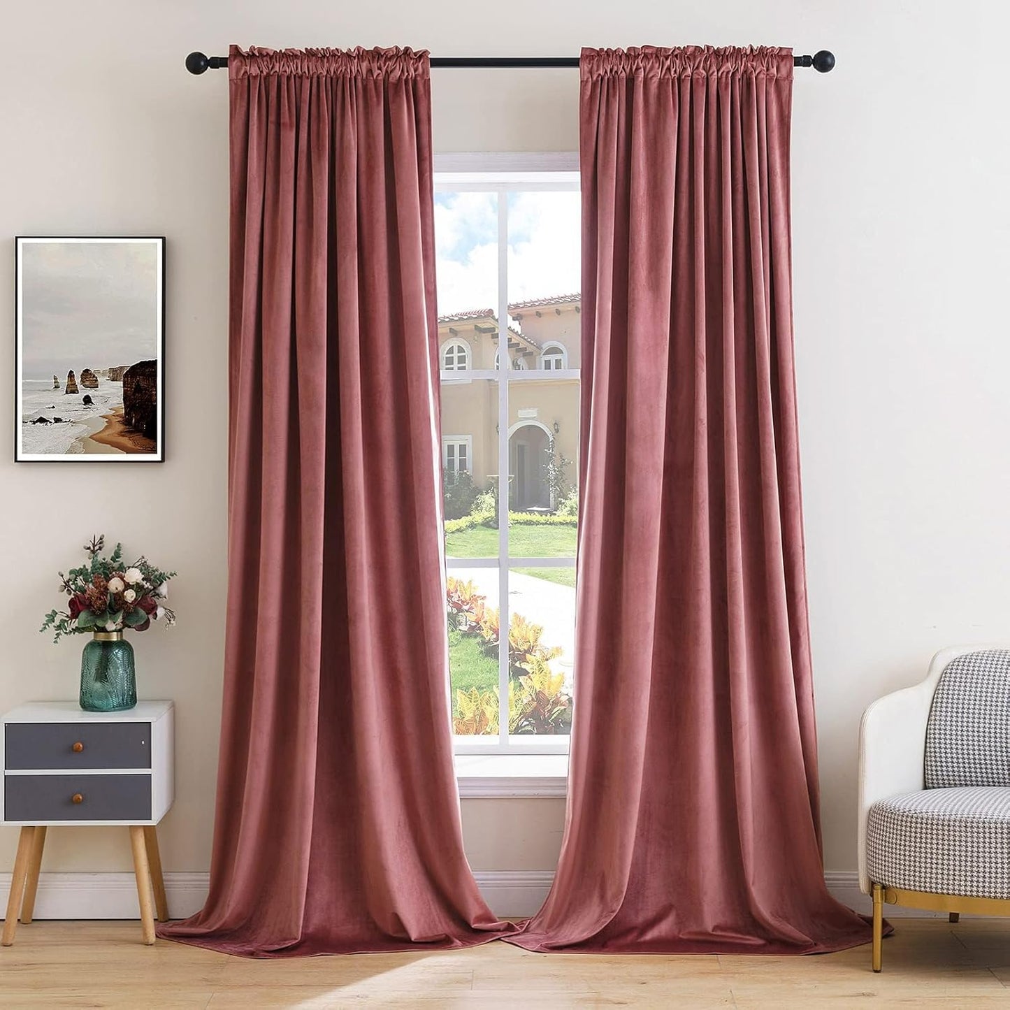 MIULEE Dusty Rose Pink Velvet Curtains Thermal Insulated Blackout Curtain Drapes for Bedroom Living Room Darkening 132 Inches Long Curtains Panels Rod Pocket Set of 2