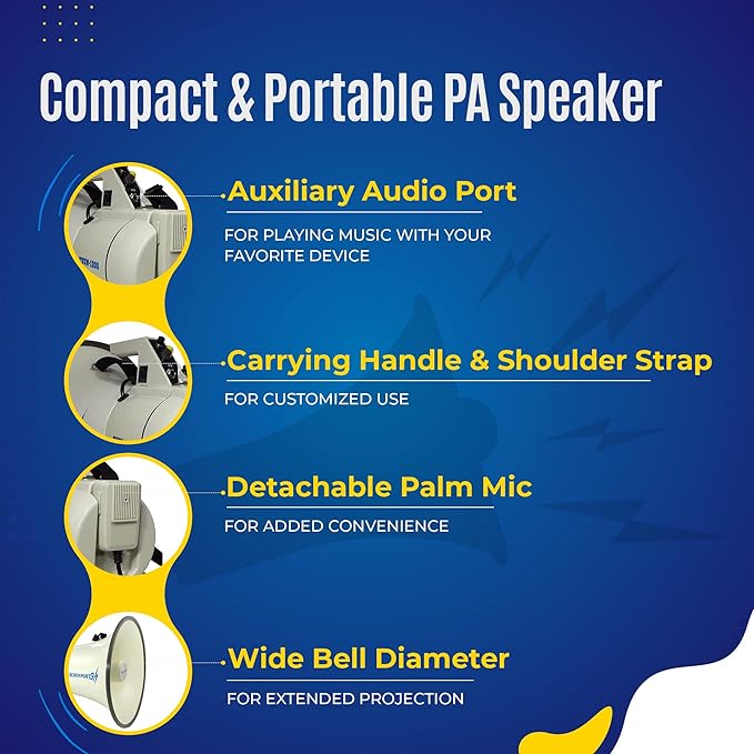 ThunderPower THUN1200 Heavy-Duty Extra-Loud Megaphone Speaker – 45 W Bullhorn Megaphone with Siren, 2,000‑Yard Range, Bell & Talk Modes - Loud Speaker Megaphones for Military and Crowd Control