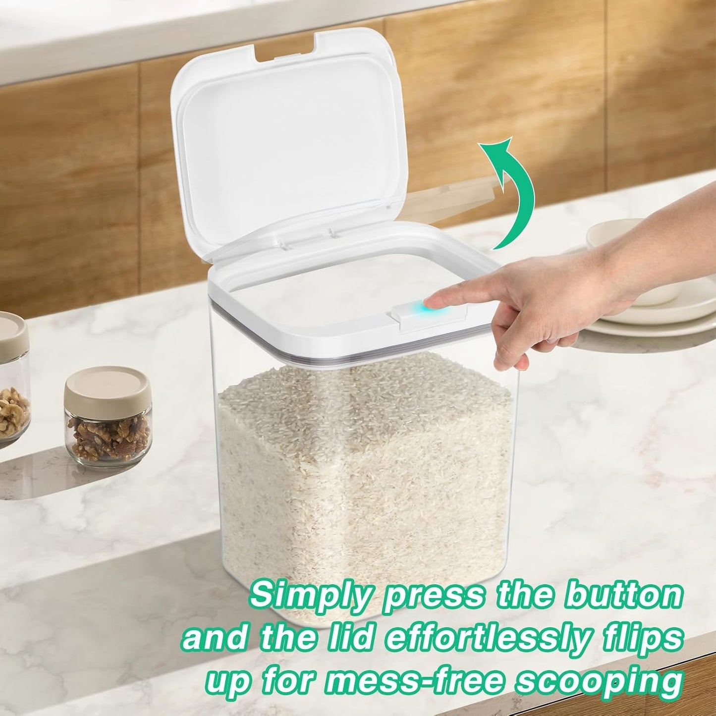 Rice Storage Container - 5.8 Qt | 11 Lbs Crystal-Clear Plastic Food Storage Container Bin with Pop-up Lid for Rice Flour Sugar, Dry Food Holder for Kitchen Pantry Organization and Storage