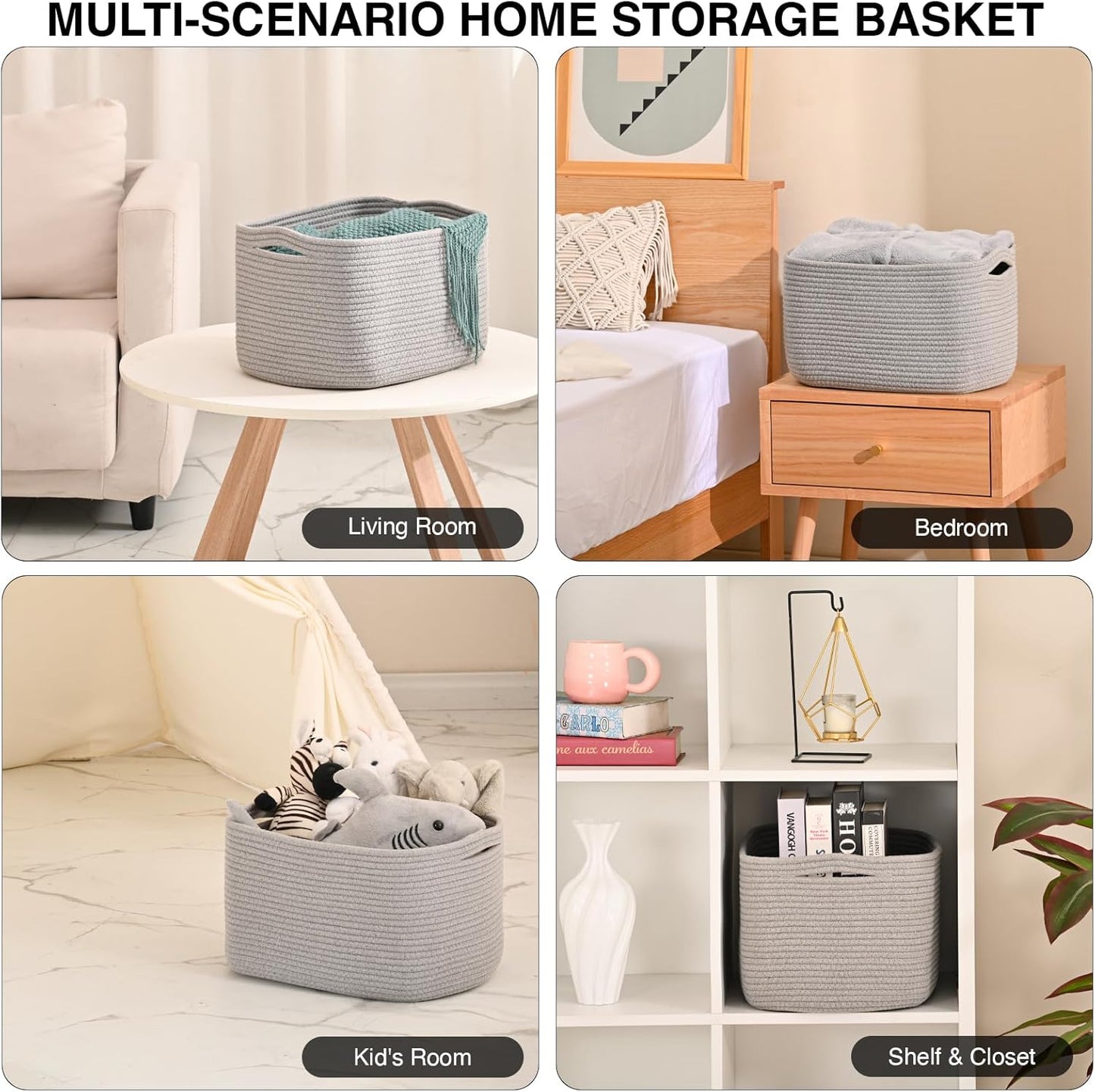 Woven Cotton Rope Storage Basket for Organizing, Cute Decorative Baskets for Gifts Empty, Organizer Bins for Dog Toy, Baby Laundry, 17“×13”×9.5“, Light Grey