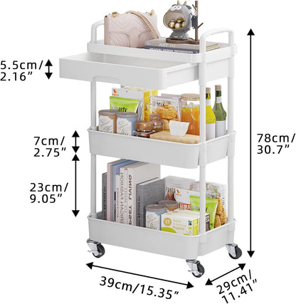 Calmootey 3-Tier Rolling Utility Cart with Drawer,Multifunctional Storage Organizer with Plastic Shelf & Metal Wheels,Storage Cart for Kitchen,Bathroom,Living Room,Office,White