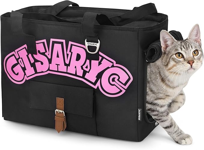 Dog Purse Carrier for Small Dogs, Cats and Puppies – Soft-Sided Foldable Pet Travel Bag with Multi Pockets, 3-Sided Mesh & Rollable Cover for Nervous Cats, Fits Pets up to 15 lbs (Black & Pink)
