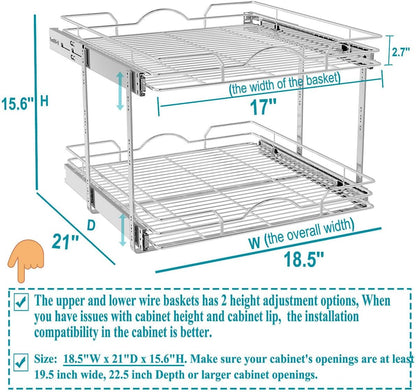OCG 2 Tier Pull Out Cabinet Organizer (18.5" W x 21" D), Pull Out Drawers for Kitchen Cabinets, Pull Out Shelves for Base Cabinet Organization in Kitchen Bathroom Pantry, Chrome Finish
