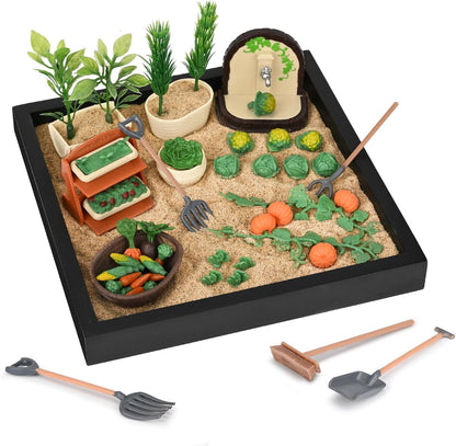Dreamon Zen Sand Garden for Desk - Vegetable Gardening Themed Sand Tray Therapy Kit with 56 Accessories & Encouragement Cards - Meditation Room & Office Stress Relief Toy - Funny and Novelty Gift Idea