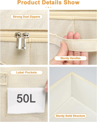 punemi Underbed Storage, 3 Pack Clothing Storage Bags W/Sturdy Handles, Large Capacity Underbed Shoe Container Organizer, Dorm Essentials Bins for Blankets, Pillows, Comforters & Quilts, Beige, 50L