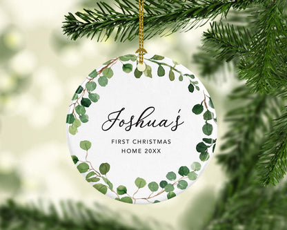 Andaz Press Personalized Round Ceramic Porcelain Christmas Tree Ornament Keepsake Collectible Adoption New Baby Gift, Joshua's First Christmas Home 2025, Farmhouse Eucalyptus Wreath, 1-Packs