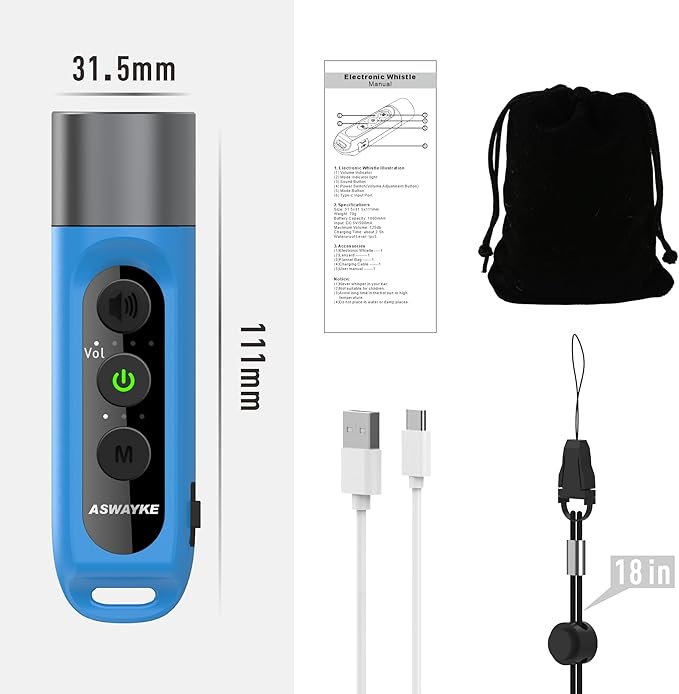 Electronic Whistle Highest IPX5 Maximum Sound 125db Battery 1000mAh Blue for Coaches Teacher, Sports Whistle