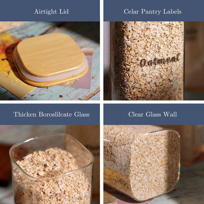 3 Pcs Square Glass Pantry Storage Containers with Bamboo Airtight Lid and 248 Clear Pantry Labels Preprinted - 52oz Thicken Glass Food Storage Jars for Coffee, Cookie, Tea, Sugar, Spice