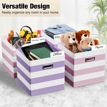 6 Pcs Fabric Storage Cubes with Metal Handle Back to School Classroom Supplies 11 Inch Macaron Colored Striped Style Collapsible Bins Organizer for School Nursery(Purple, Pink)