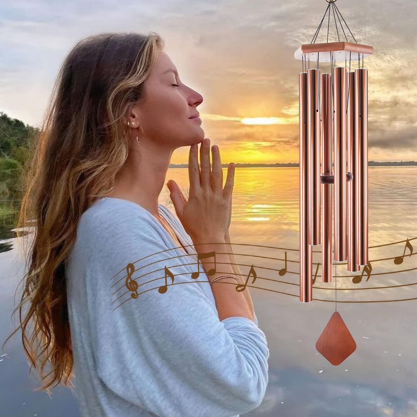 Wind Chimes Outdoor Large Deep Tone, 44 Inches Sympathy Wind Chimes Tuned Soothing Melody, Memorial Wind-Chime with 6 Heavy Tubes for Outside Decoration, Garden/Yard. Copper