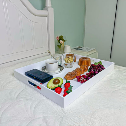 White Rectangular 16x20 Inches Acrylic Ottoman Tray Decorative Serving Tray with Cutout Handles Organizer Tray on Coffee Table Countertop Big Breakfast Bed Tray Living Room Appetizer Serving Food